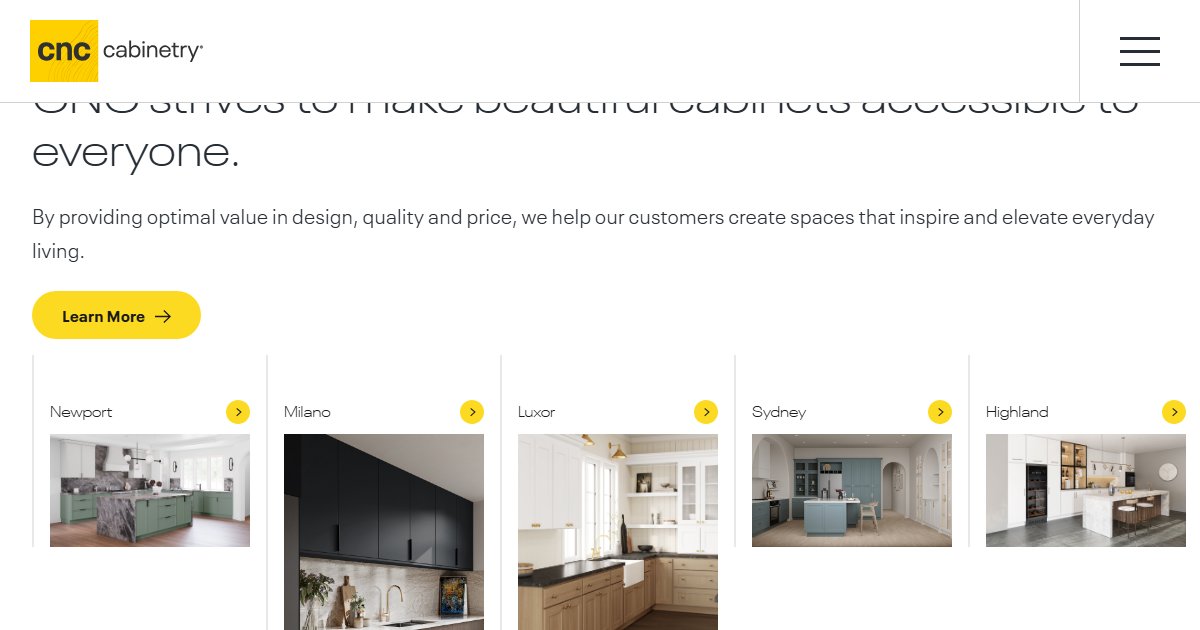 CNC Cabinetry website — cabinetry product styles and collections