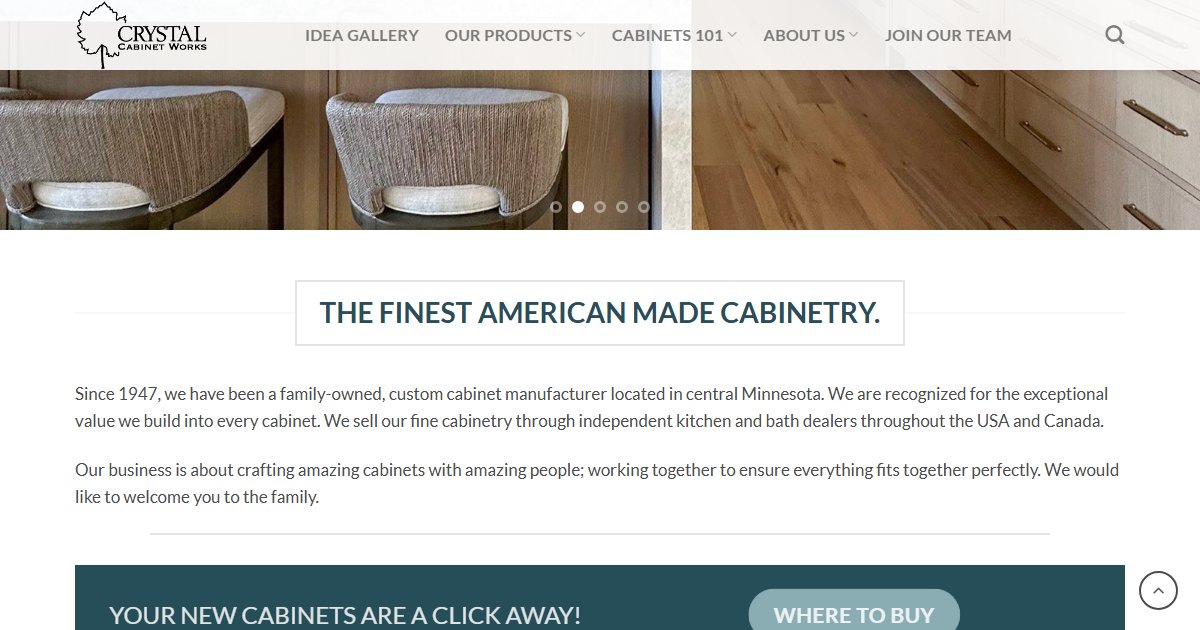 Crystal Cabinet Works website — cabinetry product styles and collections