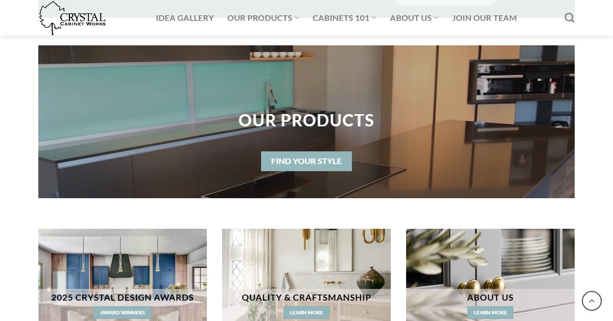 Crystal Cabinet Works website — design options and finish selections