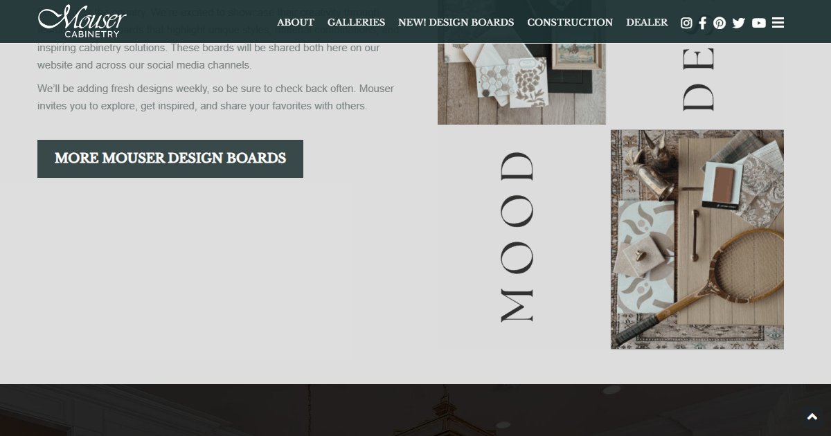 Mouser Cabinetry website — design options and finish selections