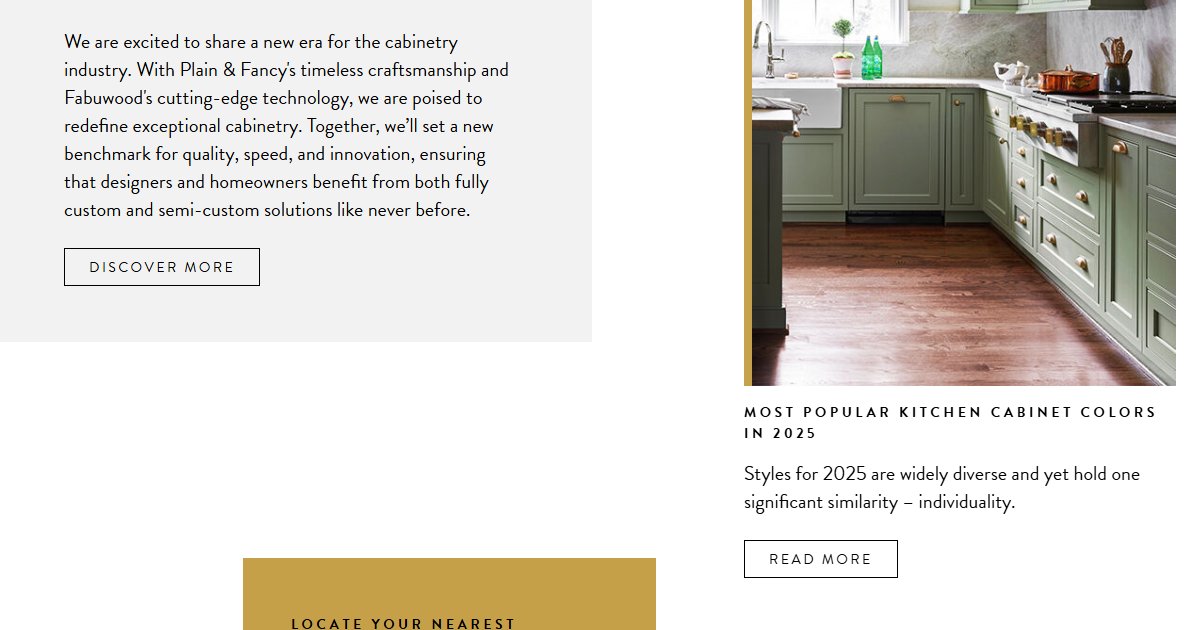 Plain & Fancy Custom Cabinetry website — featured projects and brand details