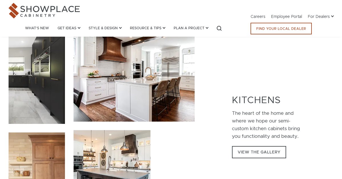 Showplace Cabinetry website — design options and finish selections