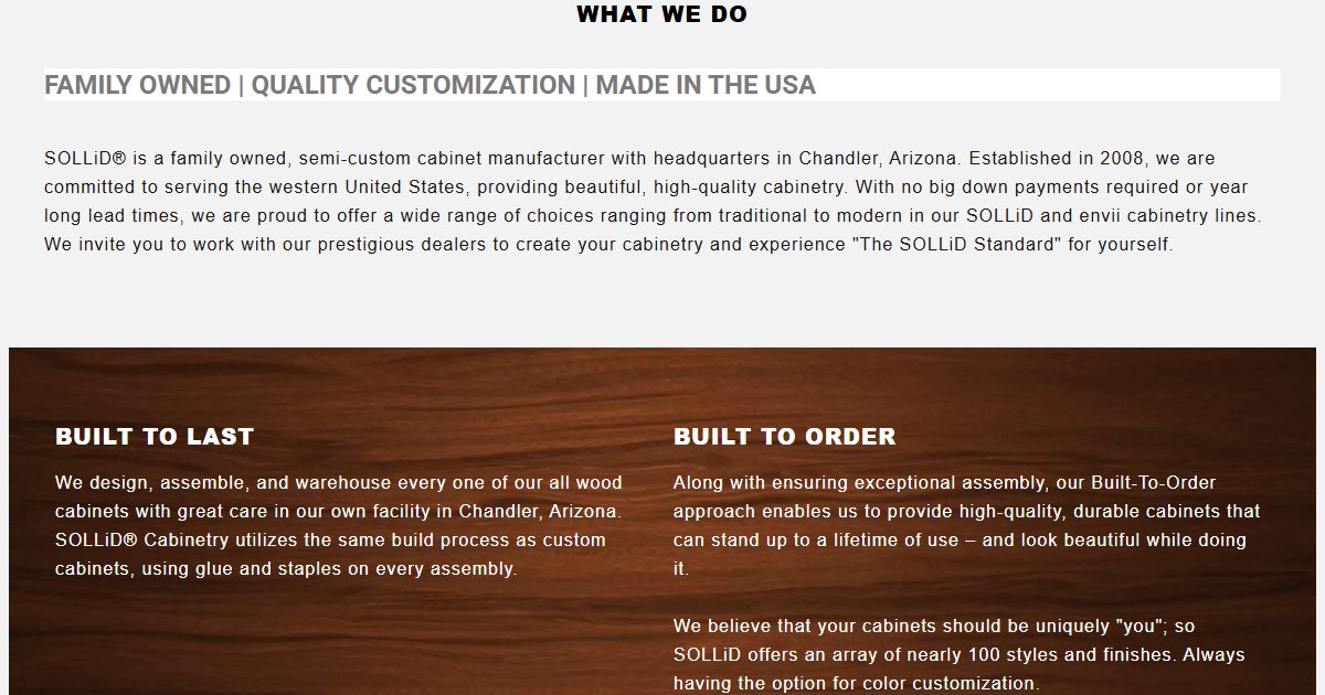 Sollid Cabinetry website — cabinetry product styles and collections