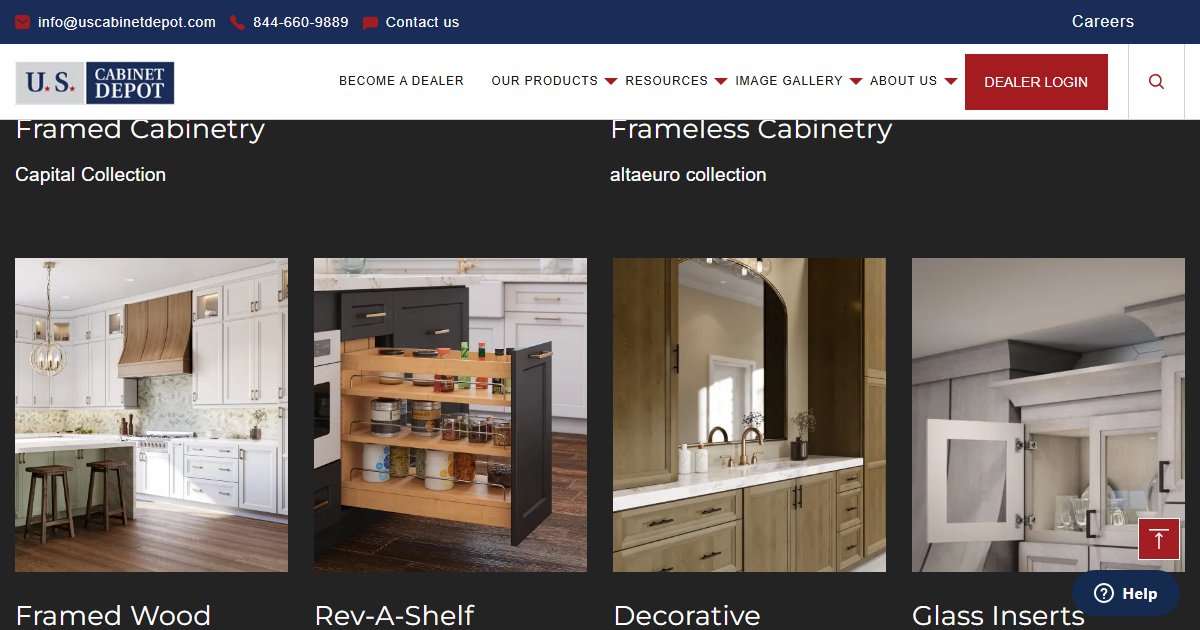 US Cabinet Depot website — featured projects and brand details